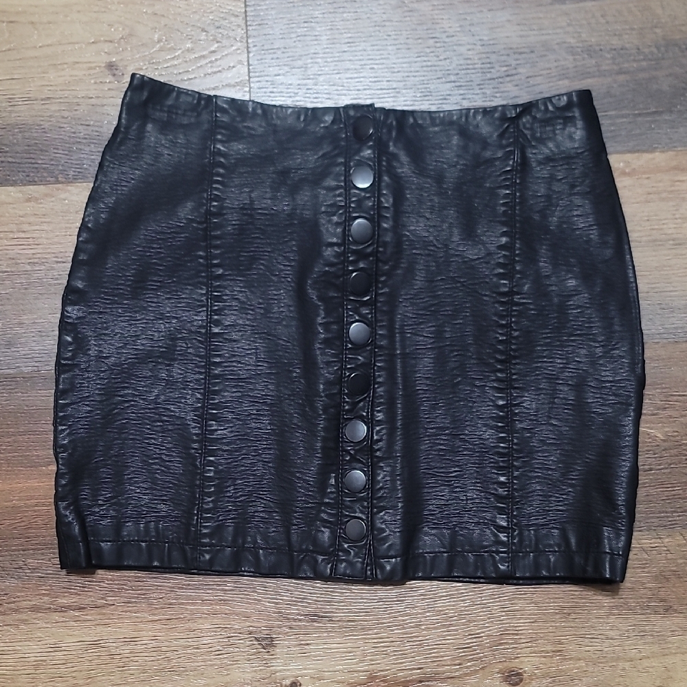 Free People Black Button-Front Vegan Leather Mini Skirt